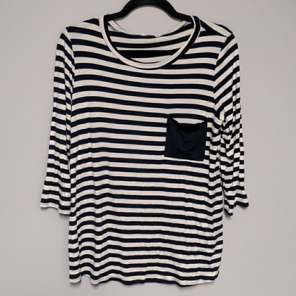 My Amelia James Navy Blue and white striped Three Quarter Sleeve Shirt NWT